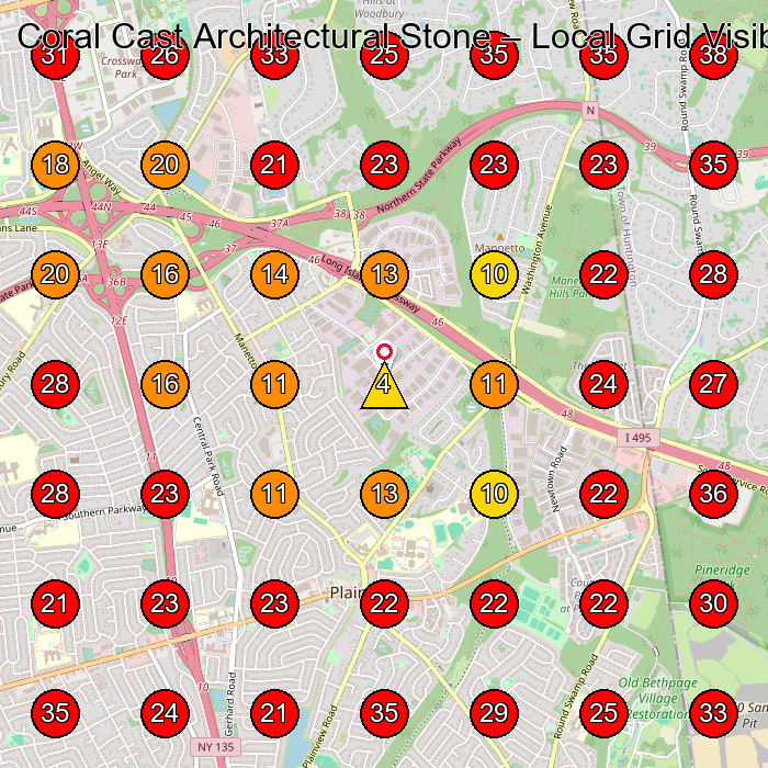 Coral Cast Architectural Stone GeoGrid visibility map for Machine Shop in Plainview